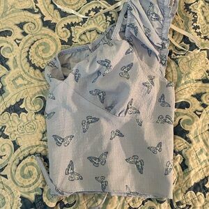Light Blue Butterfly Print Cropped Top